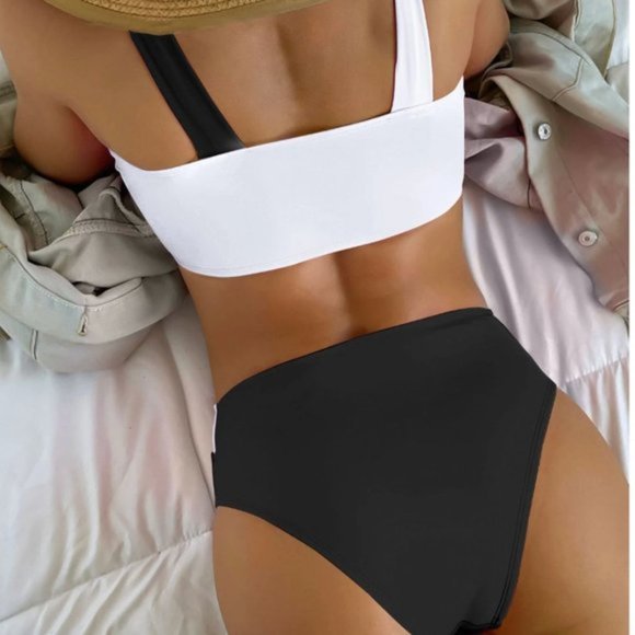 Black and White Color Block Tie Shoulder Bikini Swimsuit Bathing Suit - Picture 4 of 7